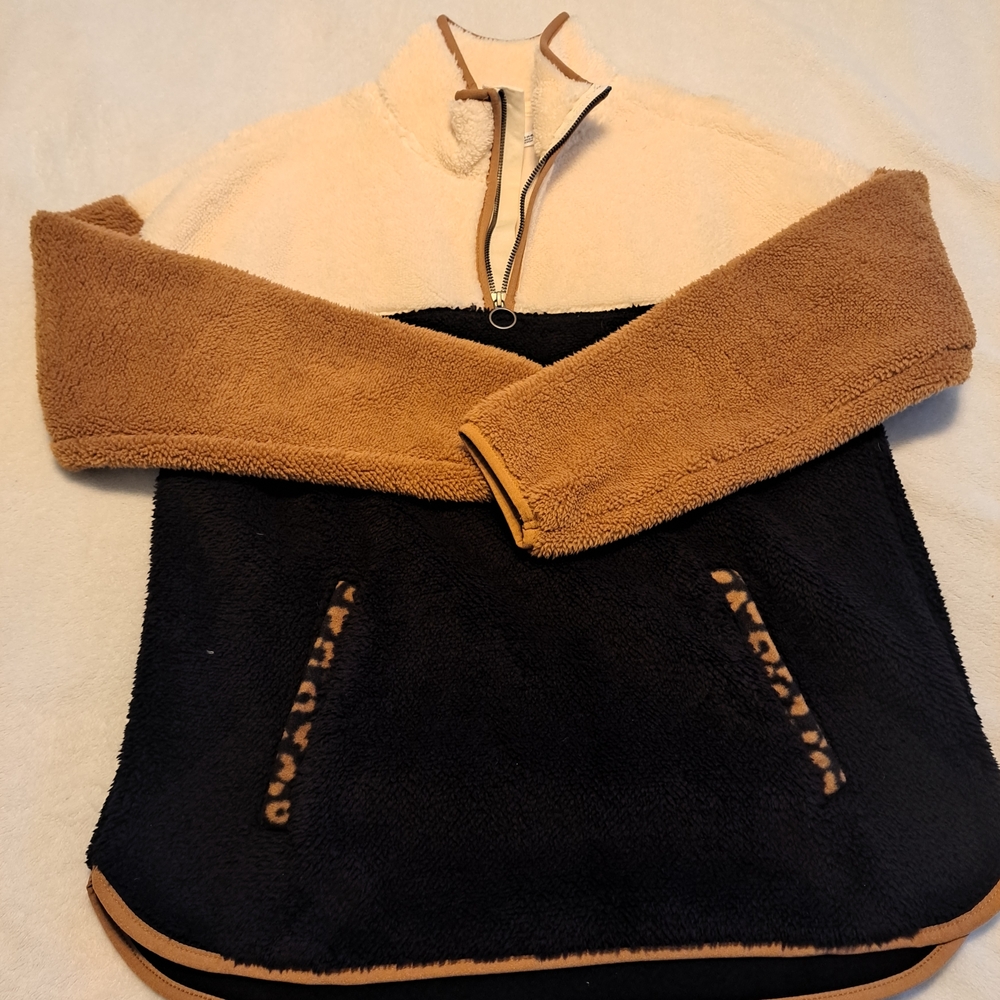 Time and Tru Cream Sherpa Half-Zip with Tan Trim